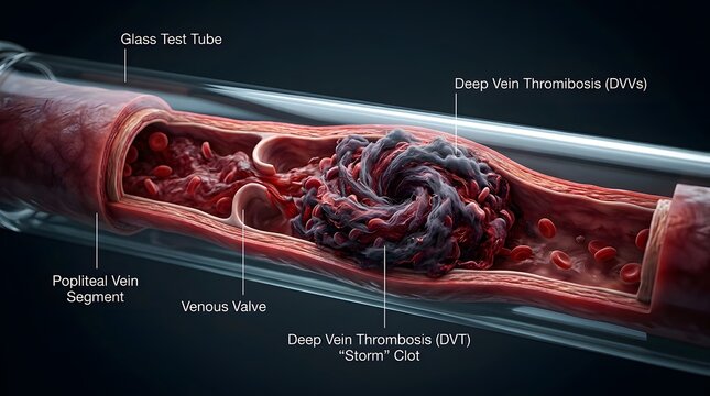 Medical illustration of a deep vein thrombosis clot inside a human popliteal vein segment model.