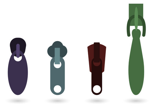 Colorful zipper pulls in purple, green, gray and red on a transparent background