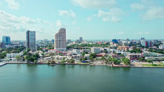 Aerial drone view of Victoria Island waterfront and Lagos skyline, Nigeria. High-resolution aerial drone footage showcasing the waterfront and modern skyline of Victoria Island, Lagos, Nigeria.