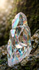 Obraz premium Shining iridescent crystal point among mossy stones in nature