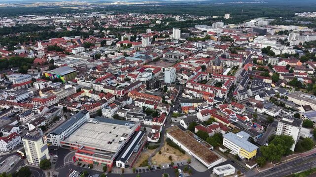 Aerial panorama view around the old town beside the city Hanau am Main in Germany Hesse on a sunny summer noon