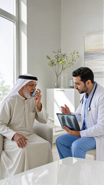 Arab male doctor shows lung x-ray on tablet to senior Arab male patient using asthma inhaler. Treatment and prevention of respiratory disease in clinic. Healthcare consultation service.