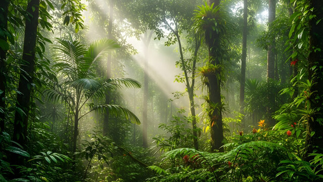 Lush Tropical Rainforest with Sunlight Beams Through Fog.