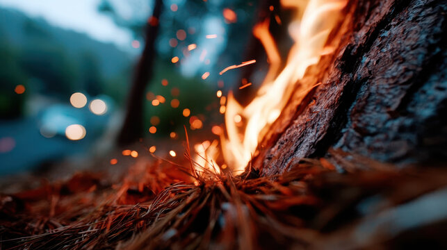 Closeup burning pine tree trunk with glowing embers and flames for wildfire awareness background and nature emergency poster design