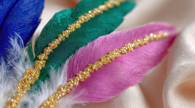 Colorful decorative feathers with gold bead trim arranged on silky fabric showing close up texture and intricate detail for craft or costume embellishment