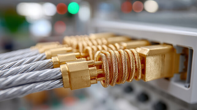 Detailed gold plated cable terminations and metal conductors in electrical panel for technical background and banner design