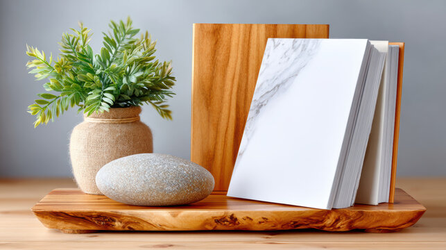 Blank book mockup standing on wooden tray with marble cover prop, decorative stone and potted plant for product staging, branding presentation and lifestyle catalog display