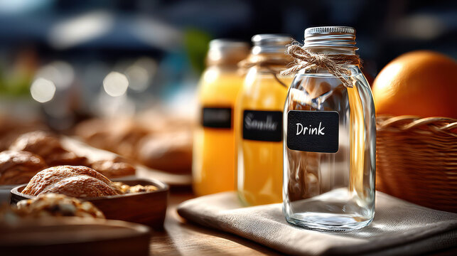 Labeled beverage bottles with chalkboard tags tied by twine, self serve orange juice jars on a brunch buffet table for catering, event display and breakfast service