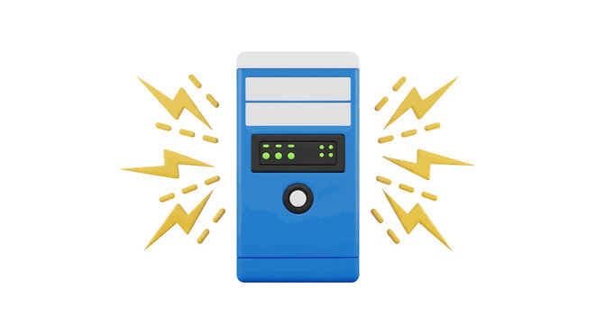 Vector illustration of blue computer tower case with lightning bolts on a transparent background