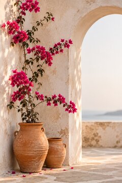 Traditional Greek terace with Blooming Bougainvillea