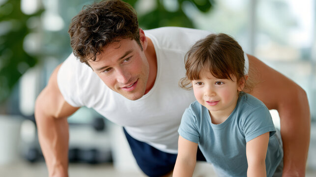 Father teaching daughter pushup exercise on mat in living room for kids fitness and family training background