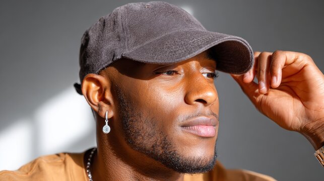Male model in casual cap adjusting the brim, close up portrait showcasing headwear mockup, earring jewelry detail and grooming for fashion lookbook and accessory branding shoots