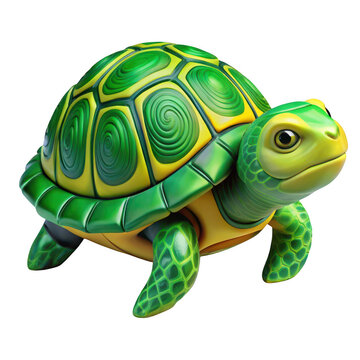 3D cartoon style green turtle character with patterned shell isolated on a transparent background