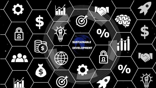 SUSTAINABLE DEVELOPMENT in organization and business concept with consultant presenting icons of strategy,Exchange traded fund stock market trading investment financial concept.financial icons, 4k...