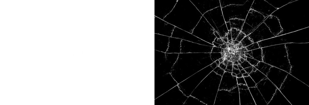 Shattered glass texture on black background, broken window spiderweb cracks, damaged glass overlay