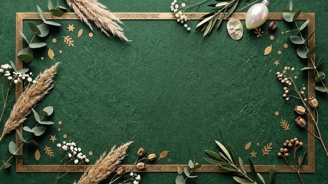 Elegant decorative frame on dark green textured background with dried floral elements and soft golden lighting for holiday video motion