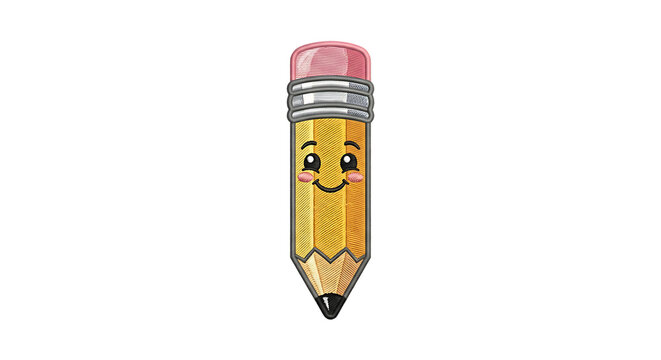 Smiling pencil character illustration with pink eraser and tip character stationery supplies