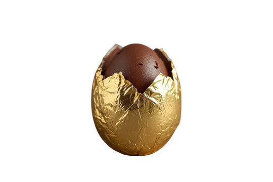 Partly unwrapped chocolate egg in golden foil