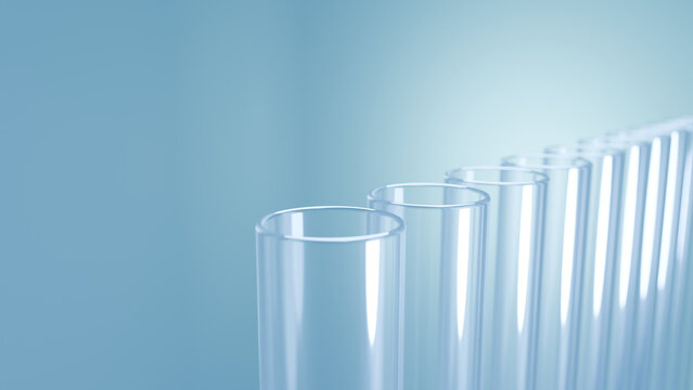 Transparent test tubes arranged in row against soft blue background, symbolizing scientific research and experimentation