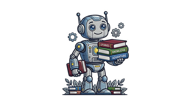 Cartoon robot holding a stack of books and an extra one with education technology character