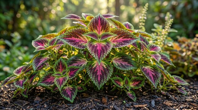 A vibrant coleus plant with colorful purple, pink, and green leaves thriving in a sunlit garden bed, showcasing its intricate patterns.