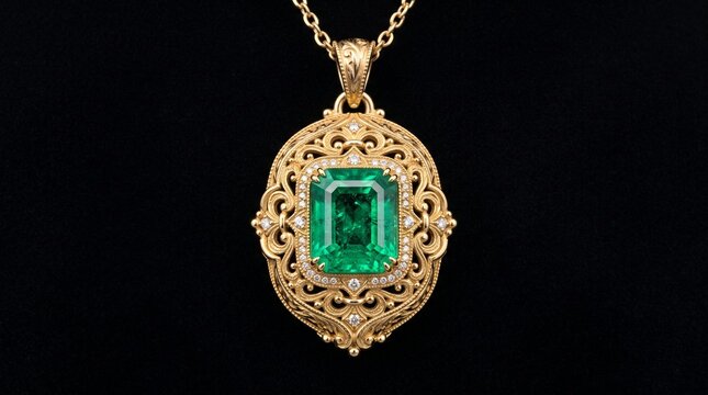 Exquisite gold pendant featuring a vibrant emerald gemstone surrounded by sparkling diamonds and intricate filigree design on a delicate chain.