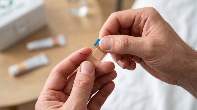 A person's hands applying a small adhesive bandage to a minor finger cut.
