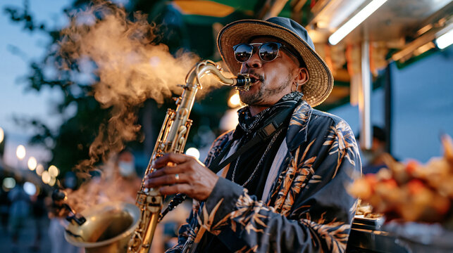 A street saxophonist performs at twilight on a waterfront promenade, smoke from a nearby food cart swirling through blue hour air around the solitary musician, a wide establishing shot capturing the