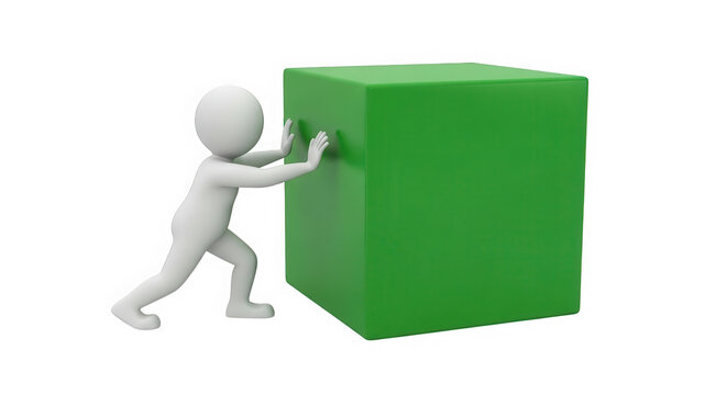 3D white person pushing a heavy green cube forward isolated on transparent background