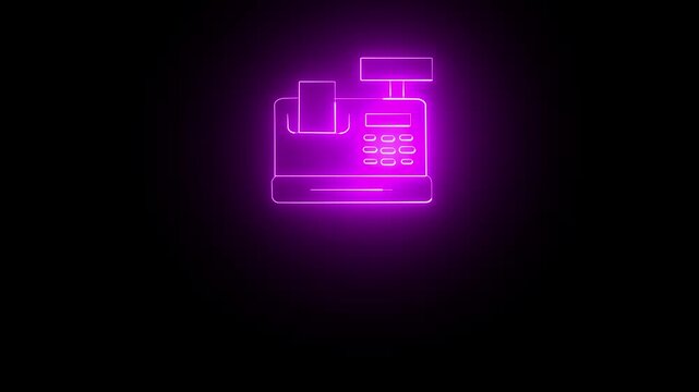 Neon purple cash register silhouette icon glowing on black background a outline of a traditional isolated against dark background