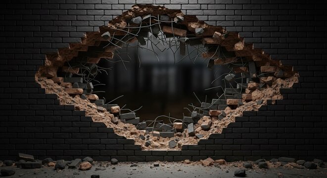 Diamond shaped hole broken into a black brick wall.