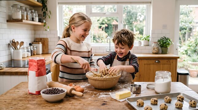 Joyful siblings baking cookies together in a bright kitchen