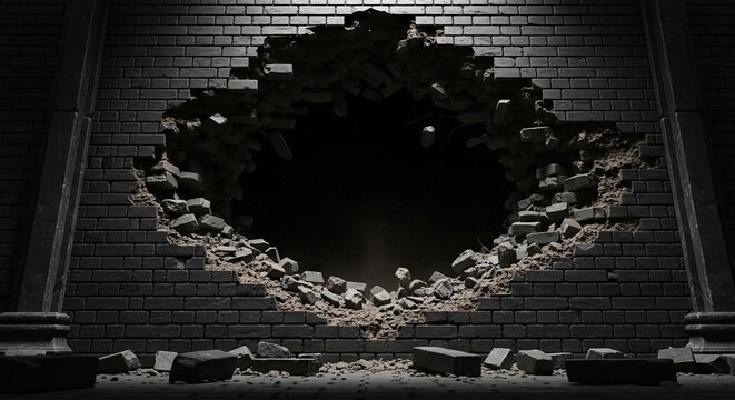 Large broken hole in a dark architectural brick wall.