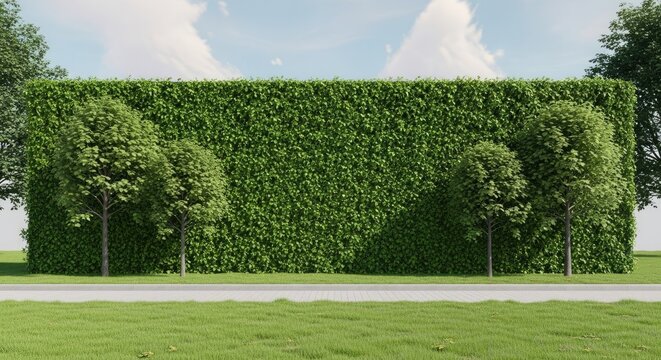 Large green privet hedge wall with manicured trees.