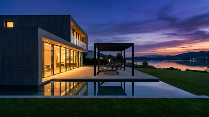 Naklejka premium Modern luxury concrete house with infinity pool and sunset view over the lake