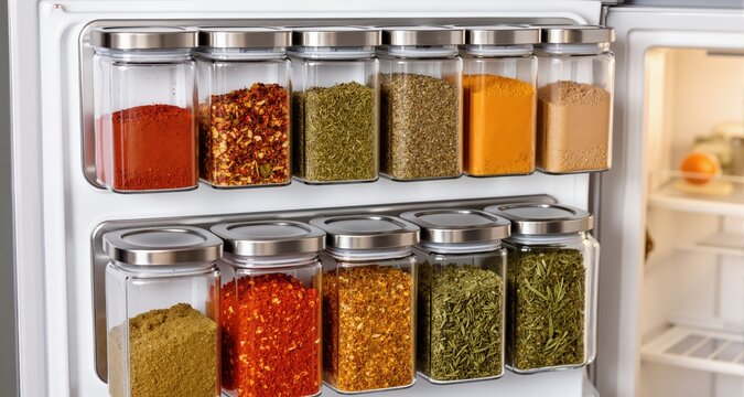 Magnetic spice jars storing colorful seasonings on a kitchen fridge, offering practical organization and easy access to essential cooking ingredients
