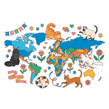 International Cat Day World Map with Diverse Cats Modern Flat Vector Illustration