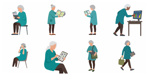 Fototapeta premium Set of Illustrations Featuring an Elderly Woman Using Digital Devices for Healthcare, Communication, and Data Management
