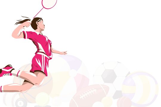Dynamic vector illustration of a female badminton player jumping to smash a shuttlecock, with subtle faded multi-sport ball graphics on a white copy space background.