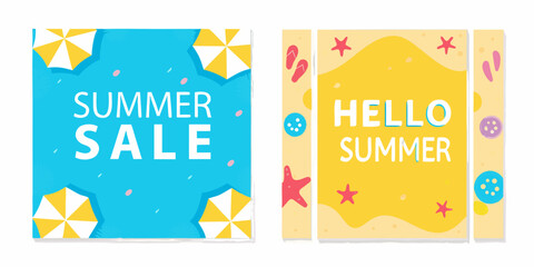 Floral ornament and beach umbrella vector illustrations with bright colors designed as summer promotional banners sale holiday vacation tropical flower blossom parasol sunshade © Debashis