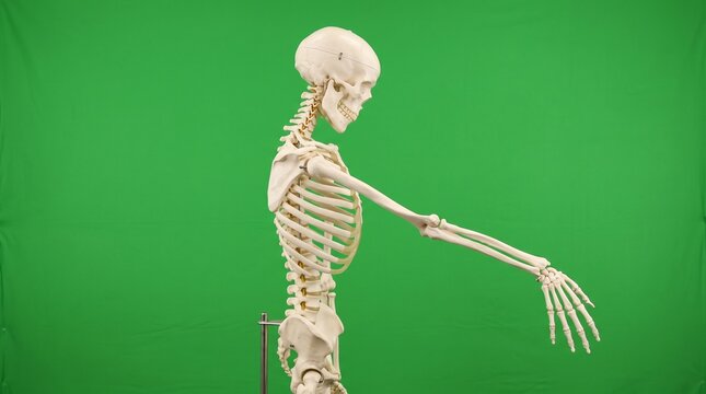 Medical skeleton model demonstrating upper limb tension test. Anatomical bone structure showing nerve assessment technique for clinical education.
