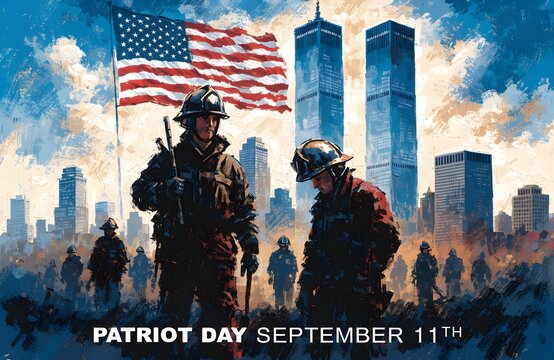 Patriot Day September 11 Poster Illustration with Firefighters, Twin Towers, and Waving American Flag - Ground Zero Memorial Tribute