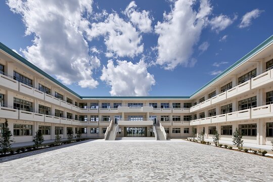 青空広がる新設校舎のモダンな中庭風景