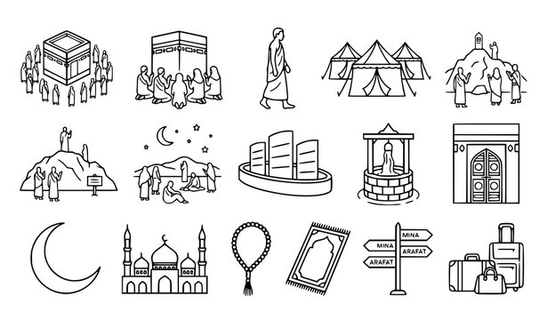 Islamic Hajj Pilgrimage Activities Outline Vector Collection
