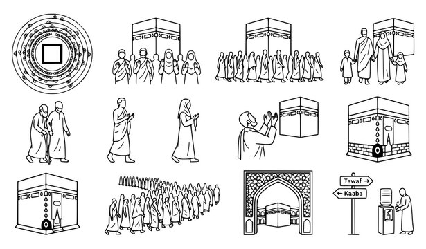 Hajj Pilgrims Performing Tawaf Around Kaaba Flat Vector Set