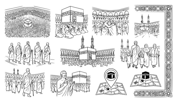 Muslim Hajj Pilgrims and Kaaba Religious Scene Outline Vector Pack