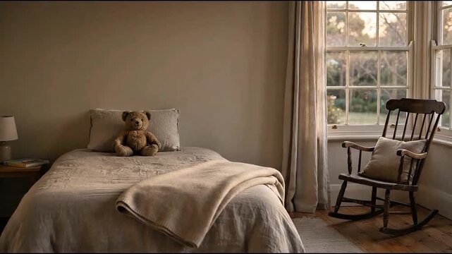Teddy bear sitting on a neatly made bed inside a cozy bedroom with rocking chair motion in this cinematic video