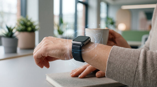 Close-up of a modern wearable health device representing digital health monitoring, artificial intelligence and smart healthcare technology.
