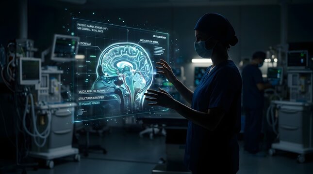 A surgeon reviews a detailed holographic brain scan in a modern operating room with medical staff.