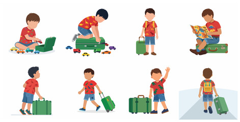 Fototapeta premium Set of illustrations of a little boy preparing for travel, packing toys, reading a map, and carrying suitcases for a vacation trip.